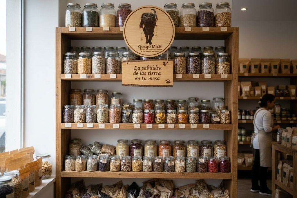 Selección de alimentos naturales andinos de Qosqo Michi: quinua, harinas funcionales y tubérculos deshidratados como moraya y chuño, fruta deshidratada y muchos alimentos.
