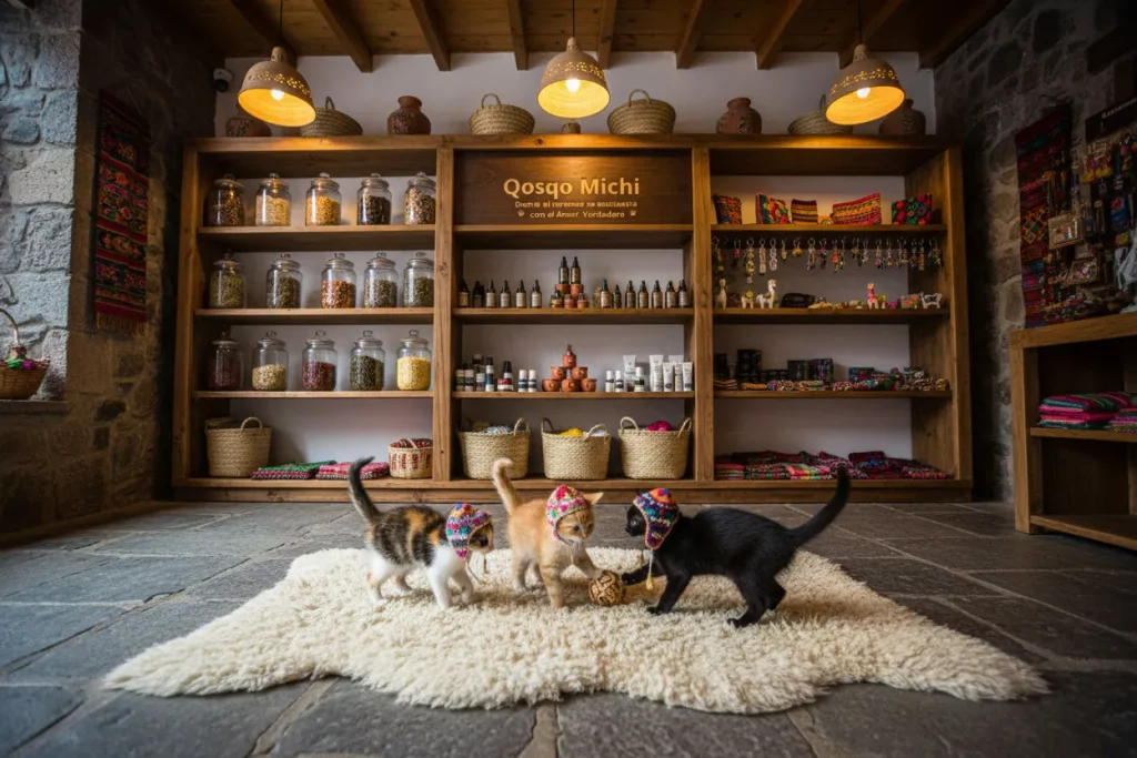 Interior of the Qosqo Michi store in Cusco, an Ayllu that unites natural foods, botanical skincare, and artisan crafts with a cause, with three rescued kittens playing.