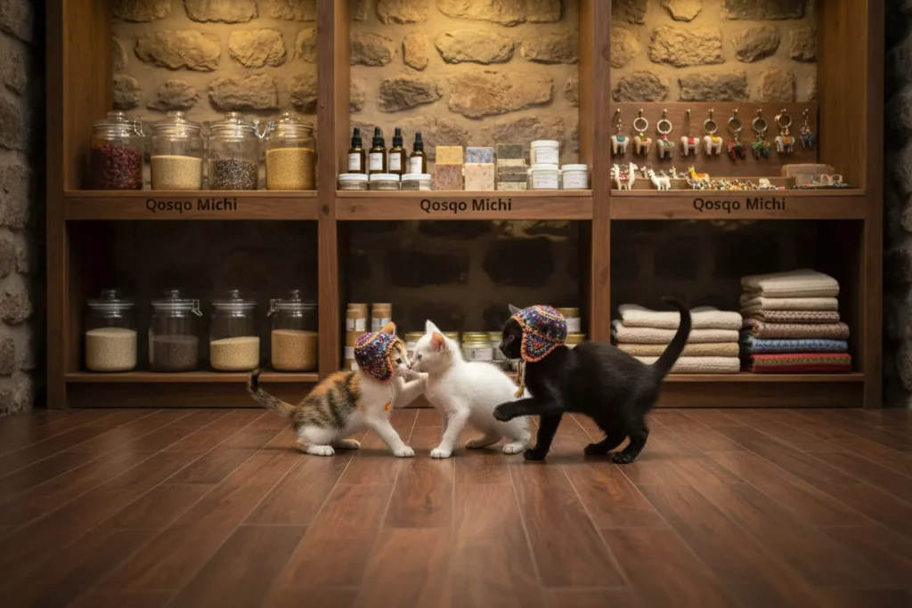 Interior de la tienda Qosqo Michi en Cusco, con estantes de alimentos naturales, cosmética botánica y artesanías. Tres gatitos rescatados con chullos juegan en el centro.
